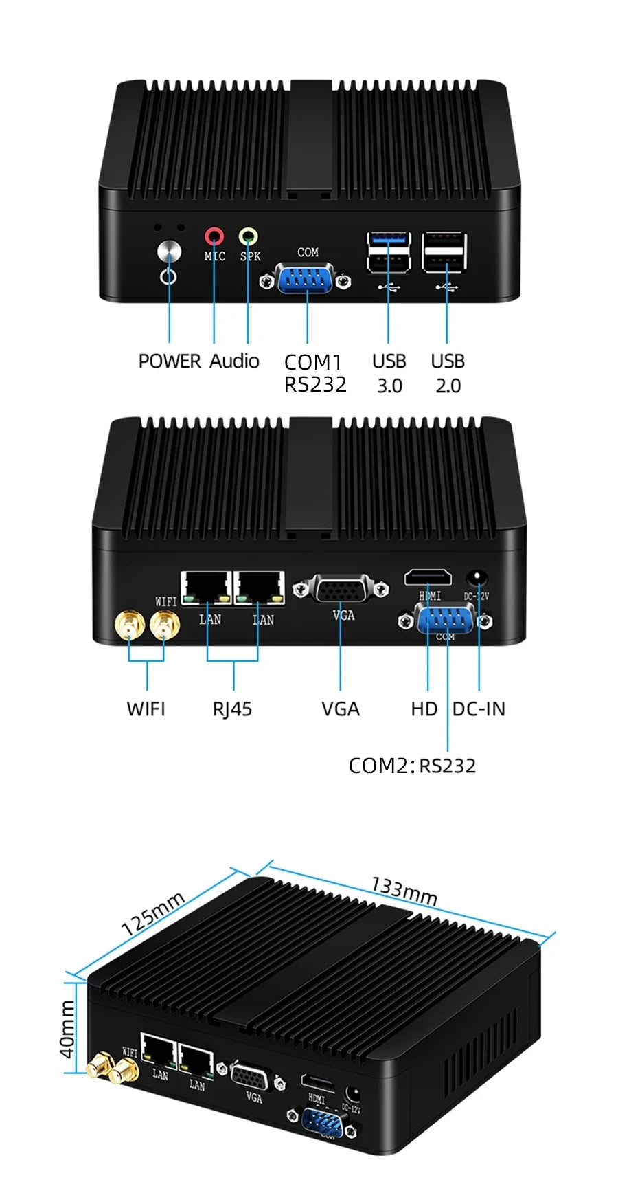 XCY Fanless Mini PC – Intel Celeron J1900, Quad-Core, Gigabit Ethernet, HDMI, VGA, WiFi, Windows/Linux