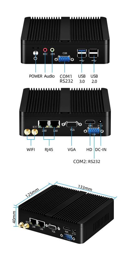 XCY Fanless Mini PC – Intel Celeron J1900, Quad-Core, Gigabit Ethernet, HDMI, VGA, WiFi, Windows/Linux