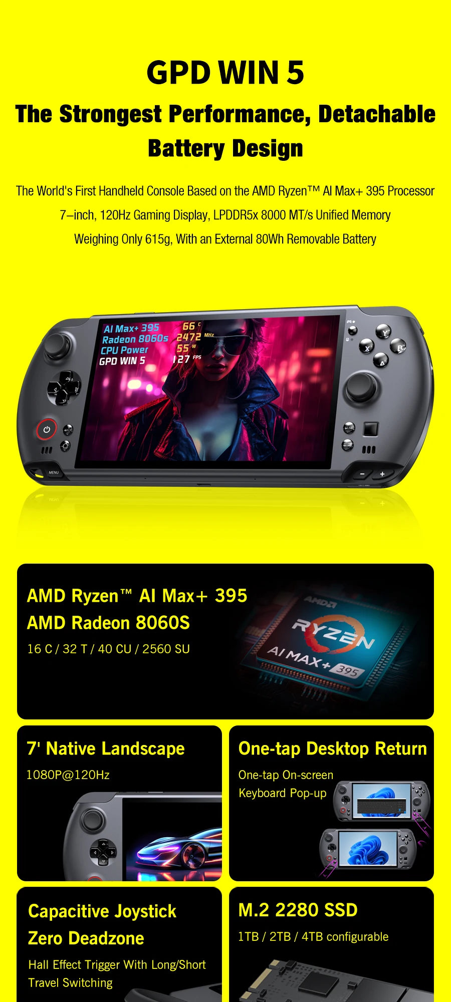 GPD WIN 5 Handheld Gaming PC – AMD Ryzen AI, 7" OLED 120Hz, 32/64GB DDR5, up to 2TB SSD, Windows 11