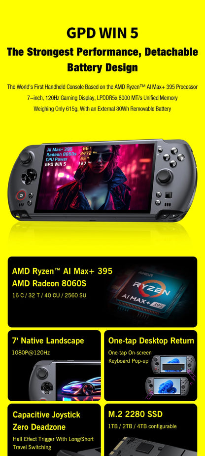 GPD WIN 5 Handheld Gaming PC – AMD Ryzen AI, 7" OLED 120Hz, 32/64GB DDR5, up to 2TB SSD, Windows 11