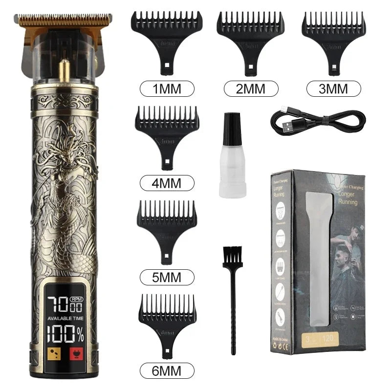 R.E.D. Shopping T9 LCD electric hair clipper with oil head precision trimmer for men, featuring a sleek black design and adjustable blades.
