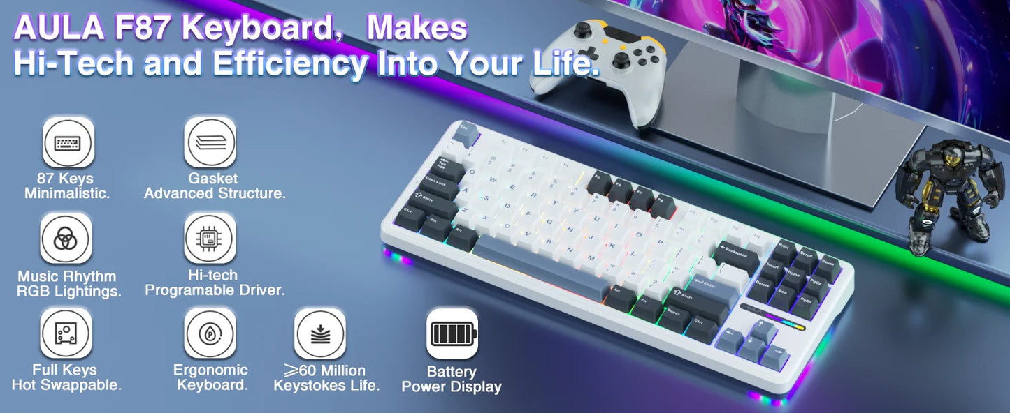 AULA F87 Pro Mechanical Keyboard – 87-Key, Tri-Mode, 8000mAh, Hot Swap, RGB, PBT Gasket