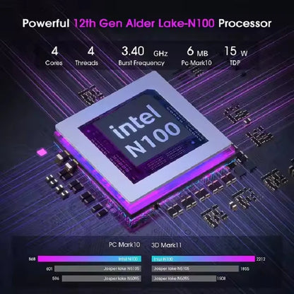 Intel N150 Mini PC from R.E.D. Shopping with LCD screen and NVMe SSD, compact desktop computer for gaming and home use.