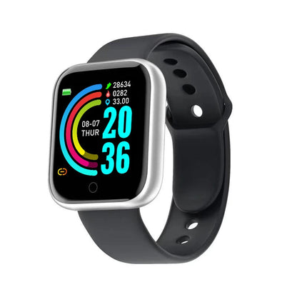 R.E.D. Shopping Y68/D20 smartwatch displaying digital time, fitness tracker, sleep monitor, and music control features on a black band.