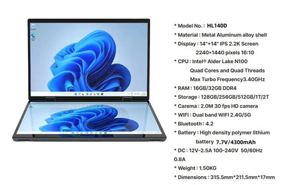 Intel N100 dual-screen laptop with 14-inch 2K touch displays, 32GB RAM, 360-degree flip metal case, 2-in-1 design.