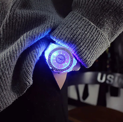 LED Flash Luminous Watch by R.E.D. Shopping with rhinestones, silicone strap, suitable for kids and adults, glowing in low light.