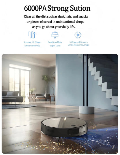 Robot Vacuum & Mop Combo – 6000PA Suction, WiFi & Voice Control, Auto-Recharge, Pet Hair | V6