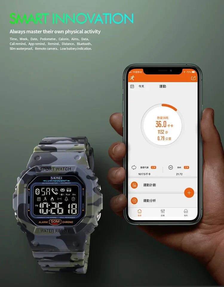 SKMEI 1629 Bluetooth Sport Digital Watch – Pedometer, Calorie Tracker for iPhone, Huawei, Xiaomi