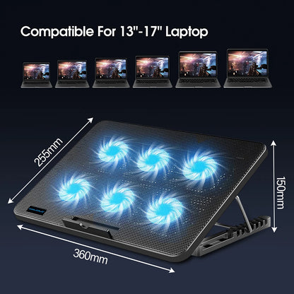 Coolcold Laptop Cooling Pad 15.6"-17.3" – 6 Fans, 7 Height Levels