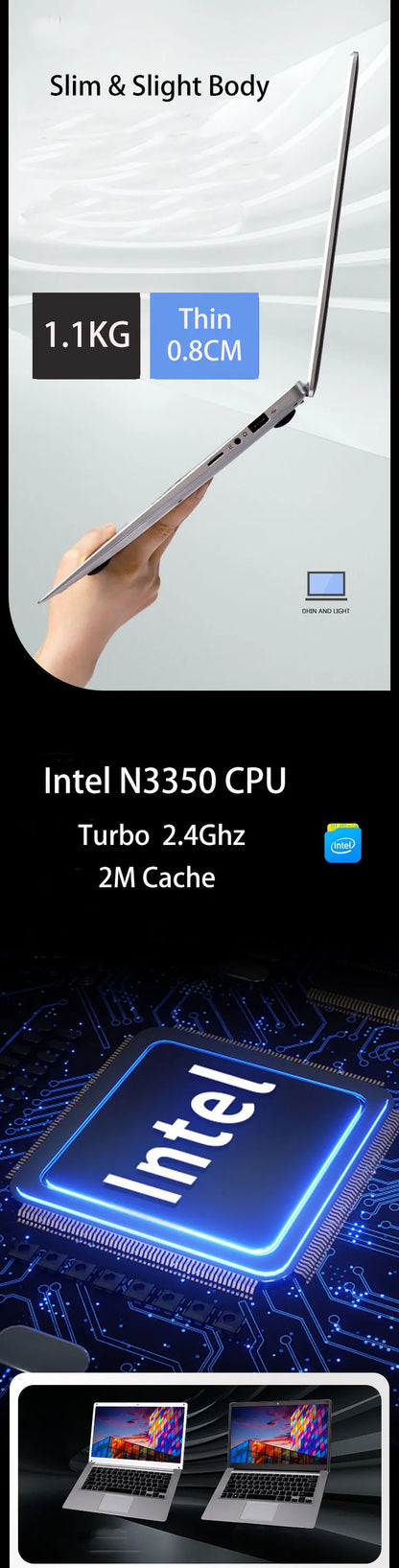 GMOLO 14" Netbook – Intel Celeron N3350, 4/6GB RAM, up to 256GB SSD, Wi-Fi, Windows 10