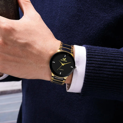 Men's black dial steel quartz business watch with minimalist design, featuring a sleek black watch face and stainless steel band.