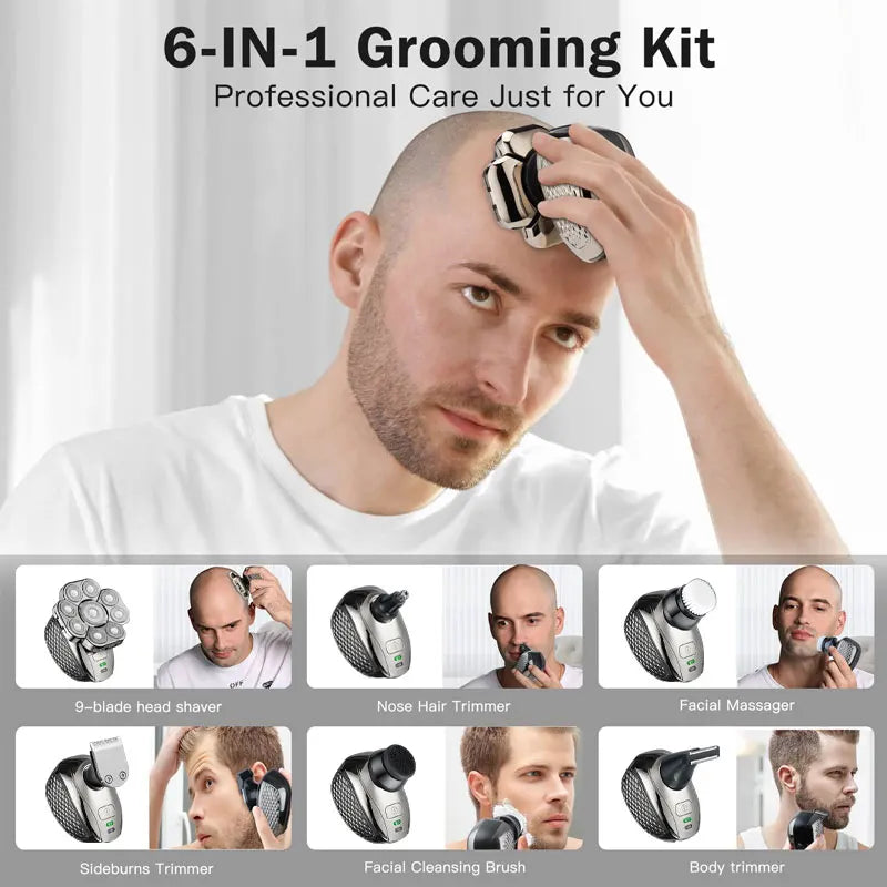 Men's Bald Head Shaver 6-in-1 | 9 Floating Blades | Beard, Nose & Ear Trimmer | Rechargeable