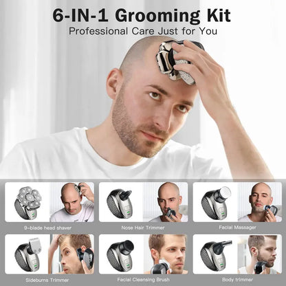 Men's Bald Head Shaver 6-in-1 | 9 Floating Blades | Beard, Nose & Ear Trimmer | Rechargeable