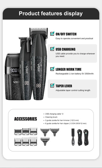 VGR V-640 S3 Professional Hair Clipper – 9000 RPM, Type-C, 160 Min Runtime | Black/Red/Green