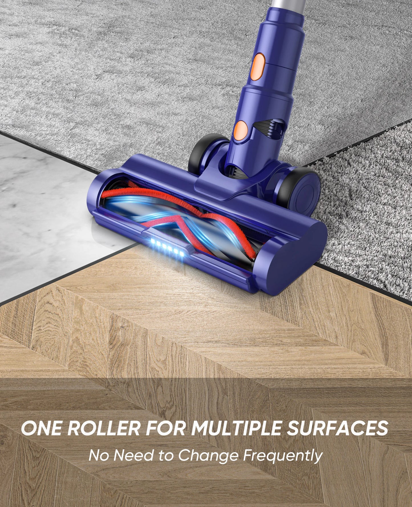 R.E.D. Shopping BUTURE 450W cordless vacuum cleaner with 38Kpa suction, removable battery, and 1.2L dust cup in a home setting.