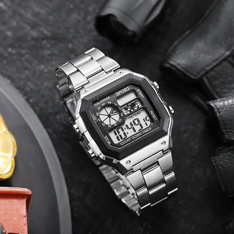 YIKAZE Men's Military LED Sport Watch - Luxury Stainless Steel Strap, Waterproof Digital Wristwatch