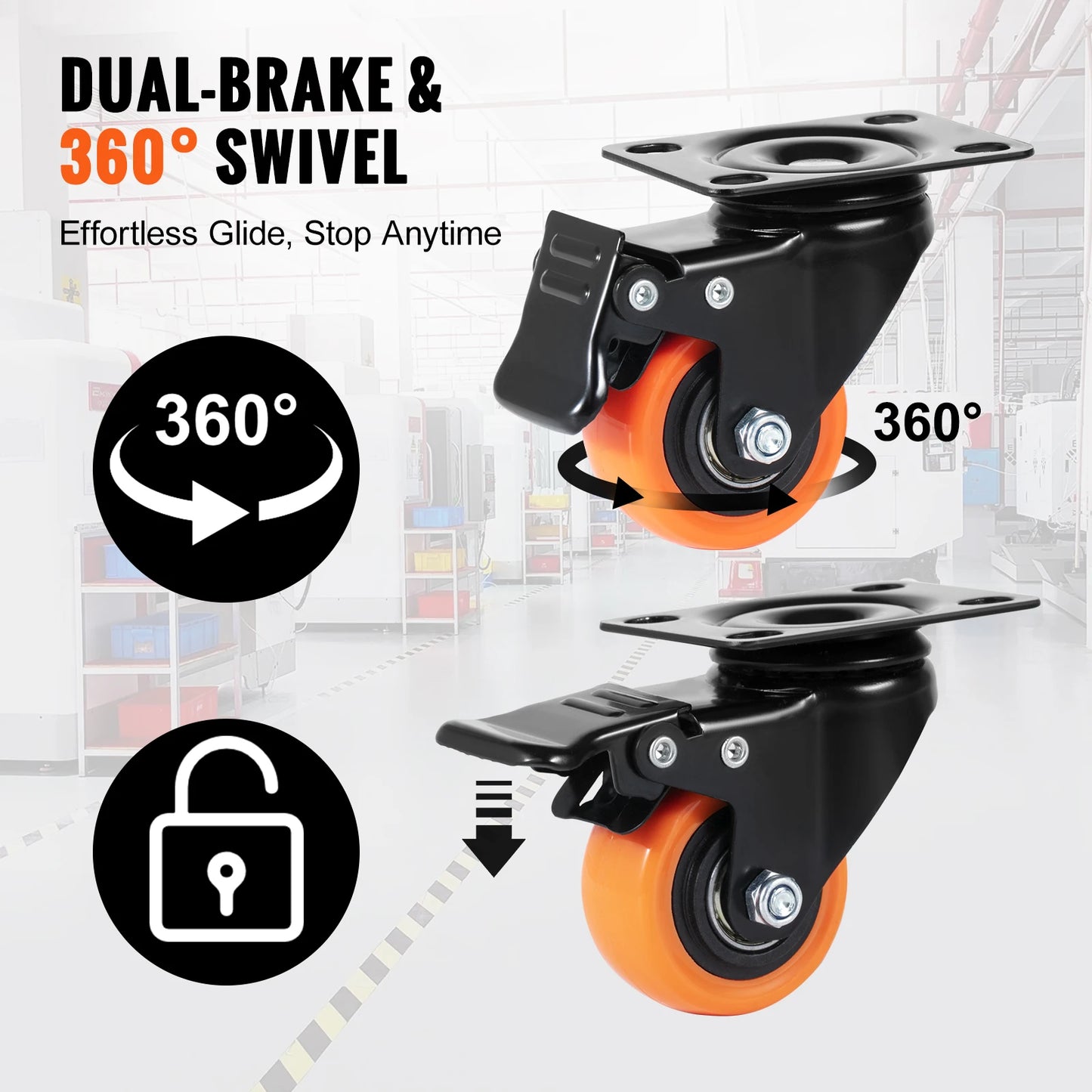SucceBuy Swivel Plate Casters Set of 4 – 2–6 inch, Dual Locking PVC Wheels