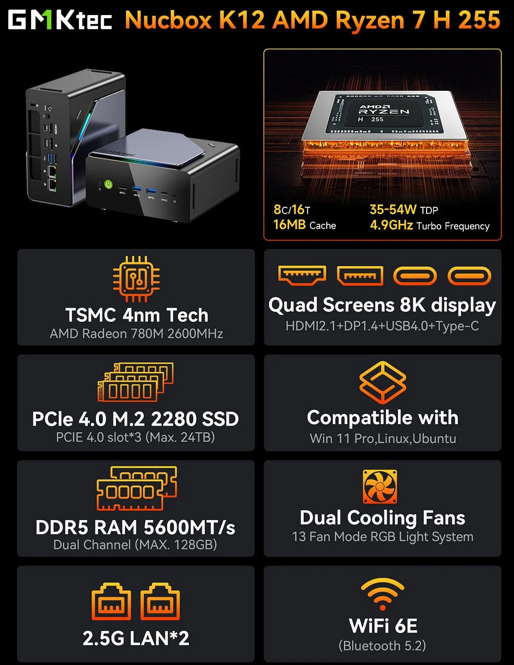 GMKtec K12 Gaming Mini PC – AMD Ryzen 7 H255, Radeon 780M, WiFi 6E, USB-C
