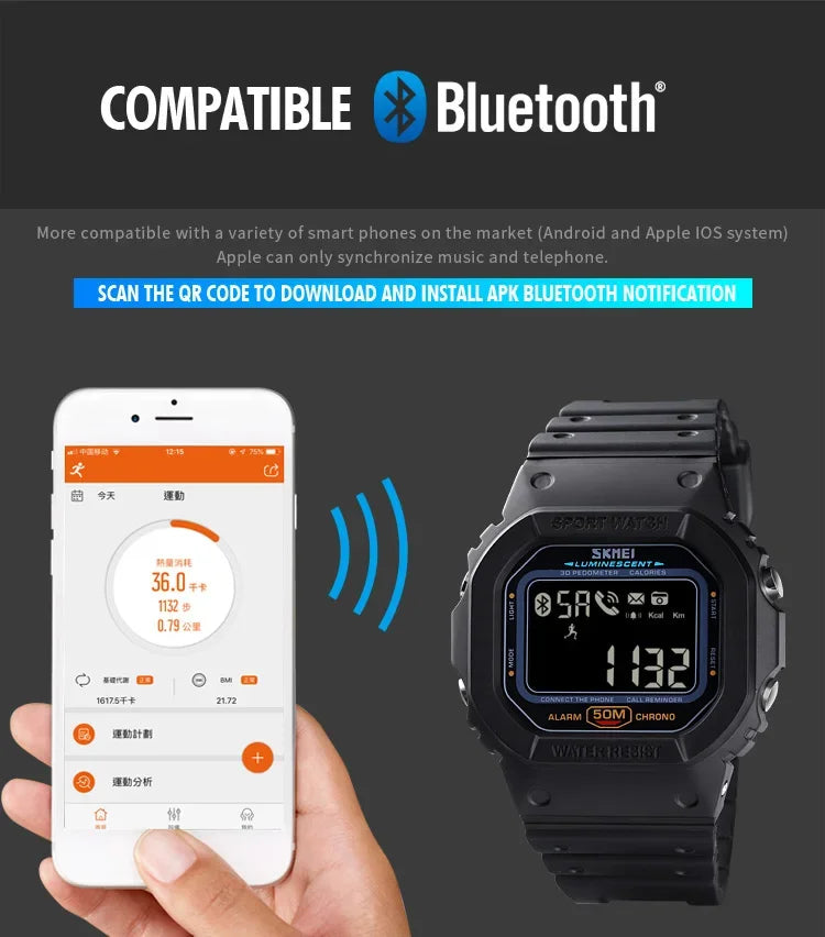 SKMEI 1629 Bluetooth Sport Digital Watch – Pedometer, Calorie Tracker for iPhone, Huawei, Xiaomi