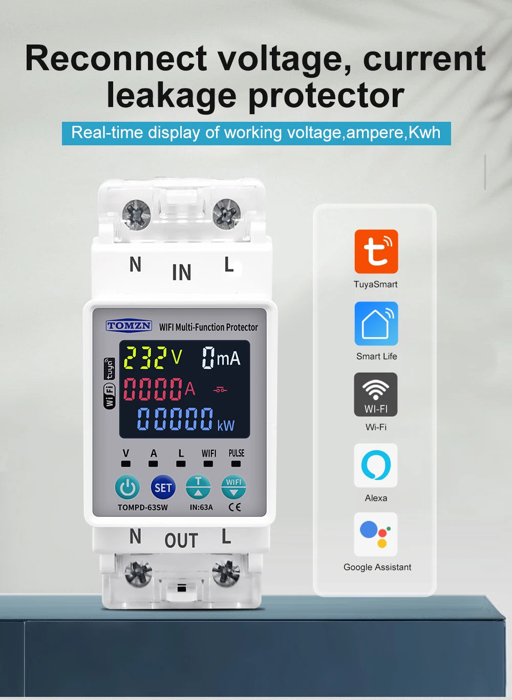 TOMZN 2P 63A TUYA WiFi Smart Circuit Breaker with Energy Monitoring