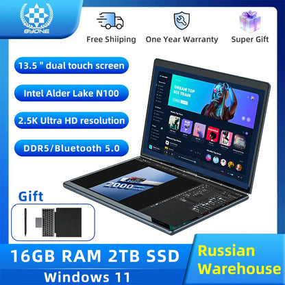 BYONE 13.5" Dual Screen 2-in-1 Touch Laptop | Intel N100 | 16GB DDR5 | Up to 2TB SSD | 2.5K UHD | 9000mAh | 180° Foldable