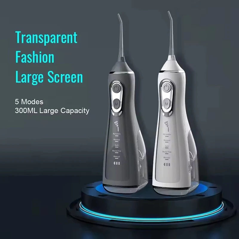 Portable R.E.D. Shopping oral irrigator with 4 nozzles, water jet, waterproof IPX7, 300ml tank, 5 modes, USB rechargeable for oral care.