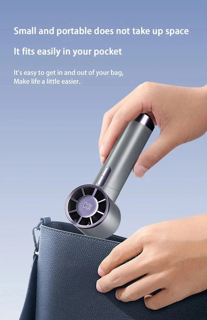 Portable electric handheld fan by R.E.D. Shopping with a digital display, aluminum alloy body, and large wind output at high speed.