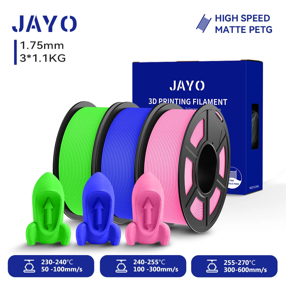 JAYO PETG/High Speed Matte PETG 3D Printing Filament 1.75MM Mix-Colors & No bubbles &Non-toxic For 3D Printer & Pen 3Rolls