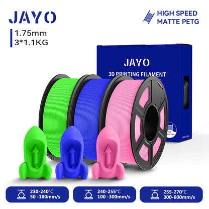 JAYO PETG/High Speed Matte PETG 3D Printing Filament 1.75MM Mix-Colors & No bubbles &Non-toxic For 3D Printer & Pen 3Rolls