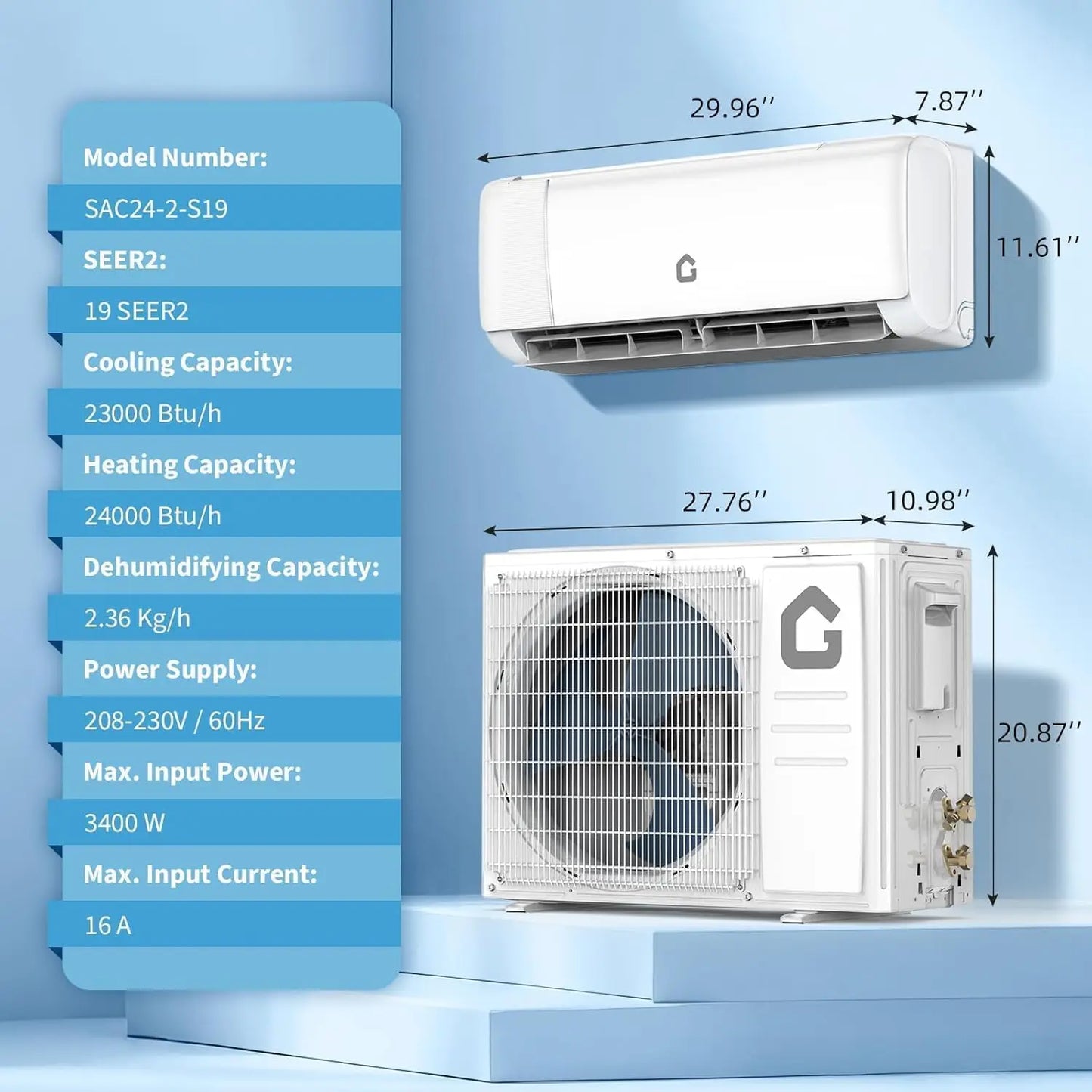 24000 BTU Mini Split Air Conditioner | Inverter, Heat Pump, WiFi Control, EU Plug