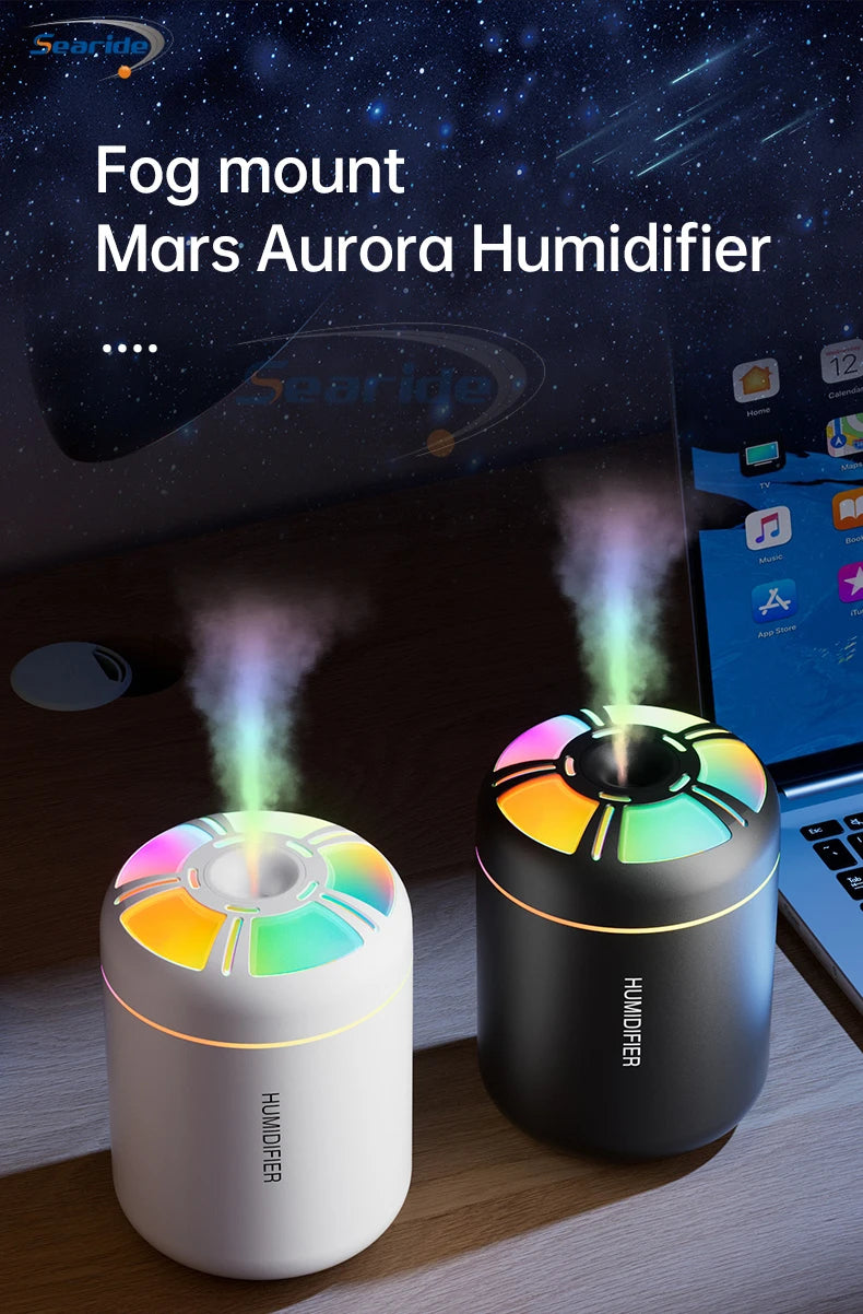 Searide Mini USB Humidifier – 180ml Ultrasonic Aroma Diffuser, Color LED, Touch Control, for Car, Home & Bedroom