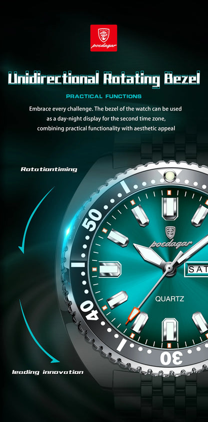 POEDAGAR Luxury Men's Quartz Watch – Date, Week, Luminous & Waterproof Stainless Steel