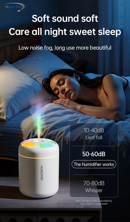 Searide Mini USB Humidifier – 180ml Ultrasonic Aroma Diffuser, Color LED, Touch Control, for Car, Home & Bedroom