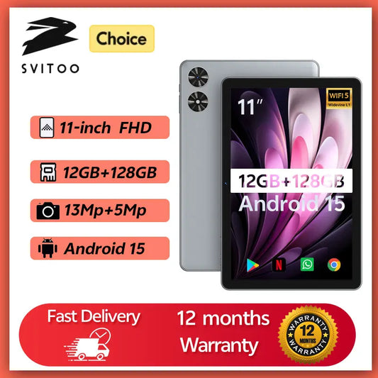 SVITOO Tablet 11" – Android 15, 12GB RAM, 128GB, Octa-Core T606, 8000mAh, Type-C