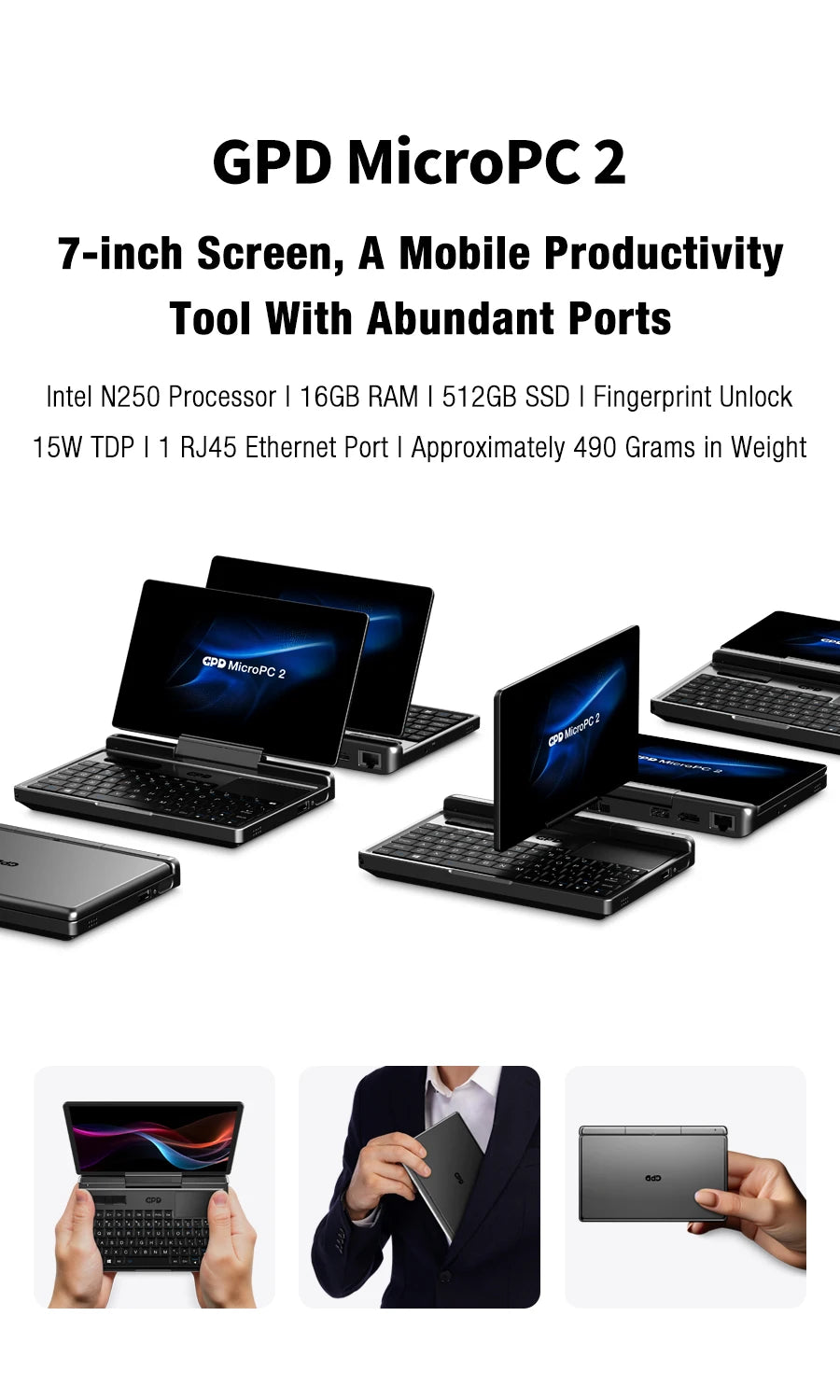 GPD MicroPC 2 – 7" Mini Laptop, Intel i3 N300, 16GB DDR5, 512GB SSD, Windows 11