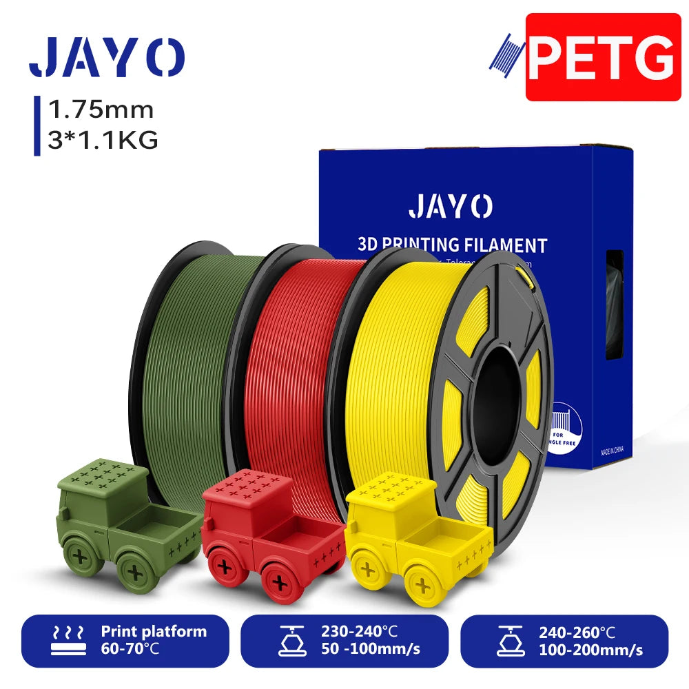 JAYO PETG/High Speed Matte PETG 3D Printing Filament 1.75MM Mix-Colors & No bubbles &Non-toxic For 3D Printer & Pen 3Rolls