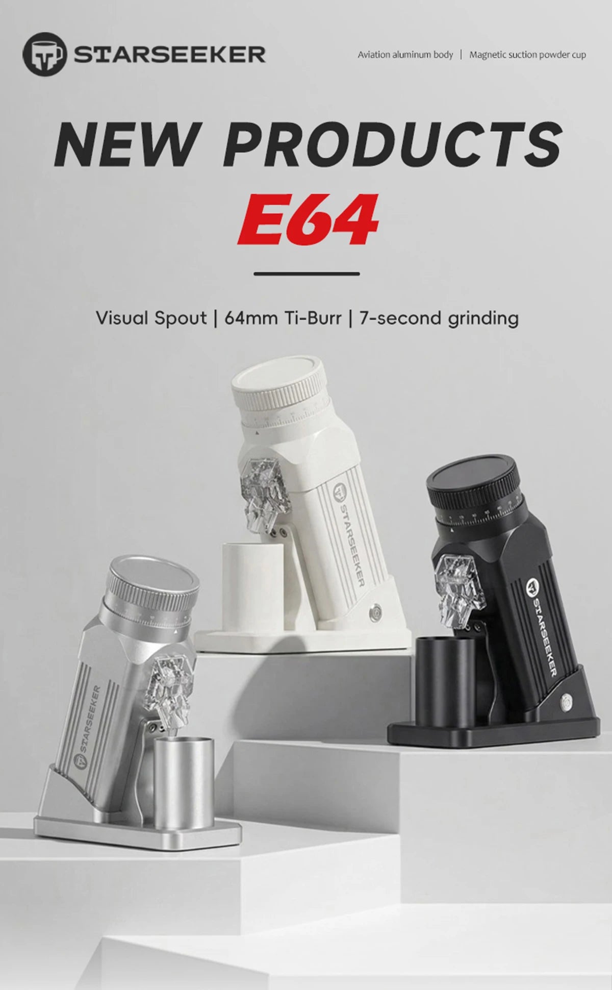 STARSEEKER E64 Electric Coffee Grinder – 64mm Titanium Flat Burr, Stepless Adjustment, EU Plug