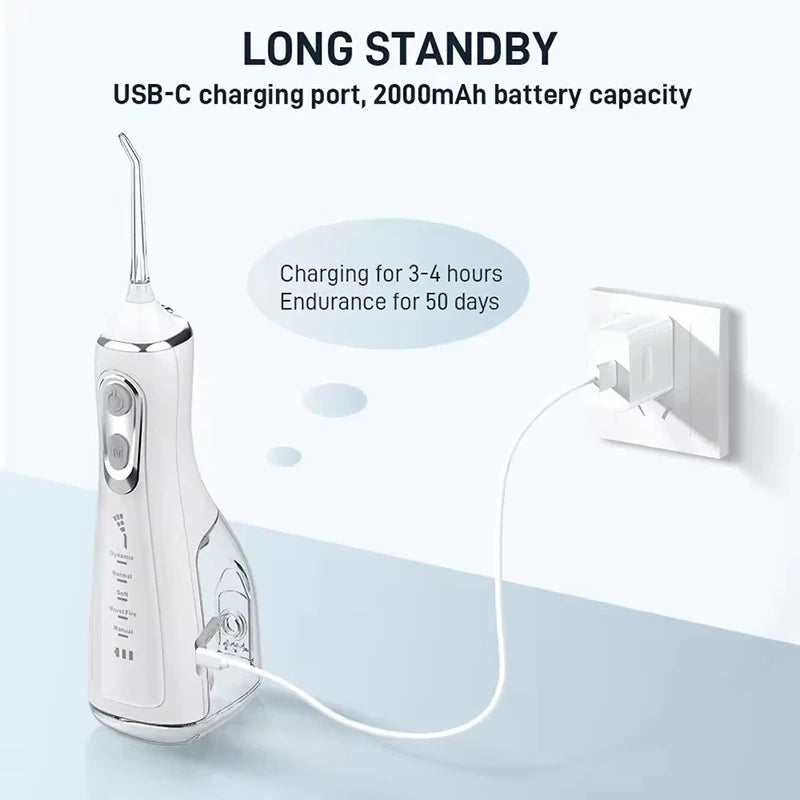 Portable R.E.D. Shopping oral irrigator with four nozzles, water jet, 300ml tank, waterproof IPX7, and five cleaning modes.