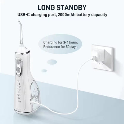 Portable R.E.D. Shopping oral irrigator with four nozzles, water jet, 300ml tank, waterproof IPX7, and five cleaning modes.