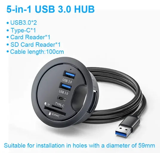 USB Desk Hub 5-in-1 – USB 3.0, Type-C, SD/TF Card Reader, 80cm Cable, Desktop Mount