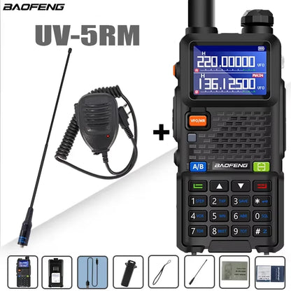 Baofeng UV-5RM walkie talkie with four-band radio and 3800mAh battery, showing the compact handheld device with display and controls.
