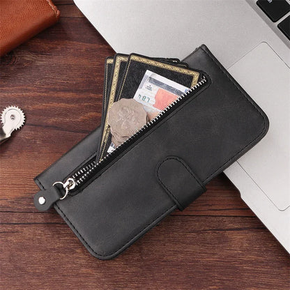R.E.D. Shopping iPhone 16 Plus zipper wallet case with card slots, magnetic stand, leather cover, and protective design.