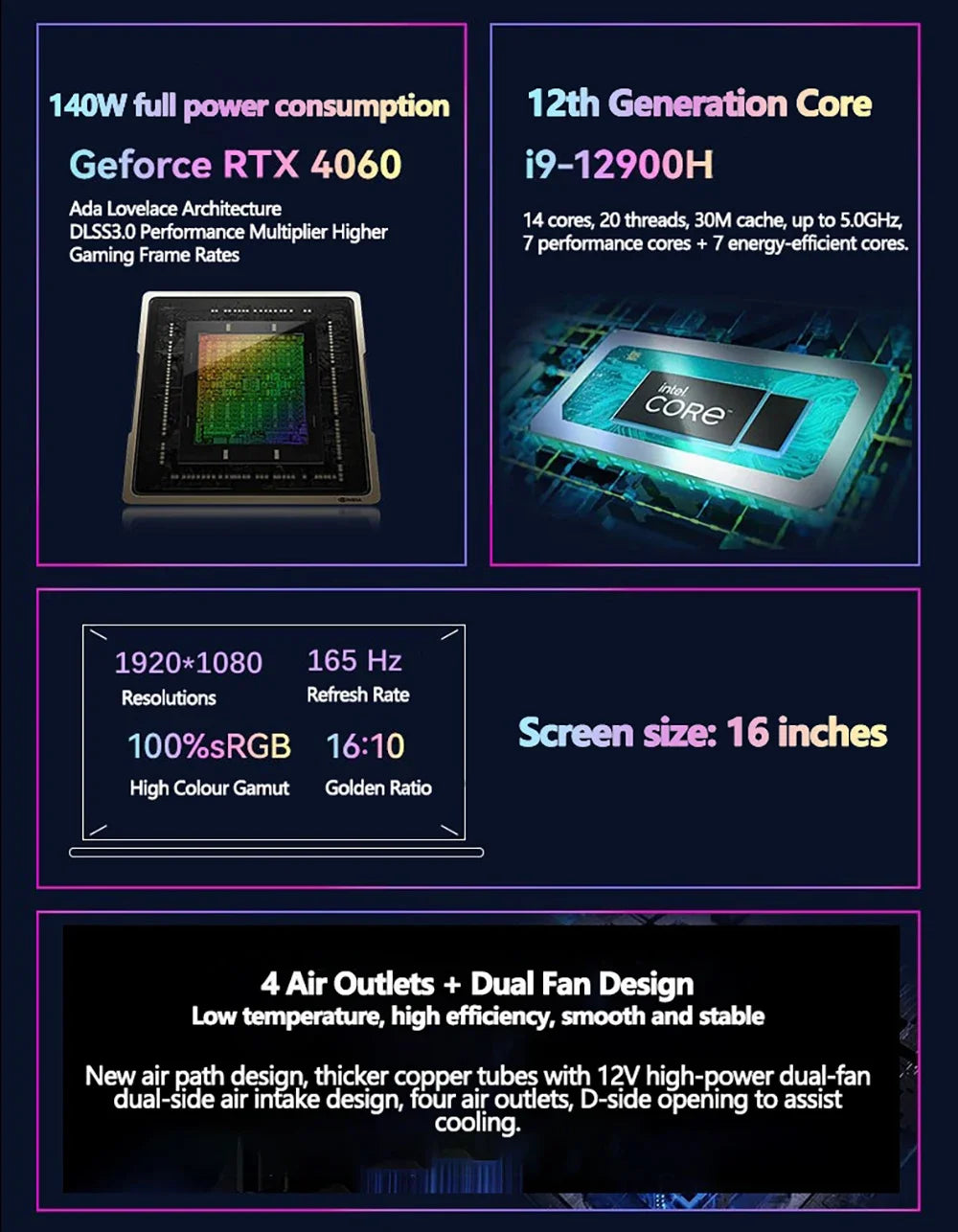 Gaming Laptop 16" — Intel i9-12900H, RTX 4060 8G, Up to 64GB DDR5, 4TB SSD, WiFi 6, Windows 11