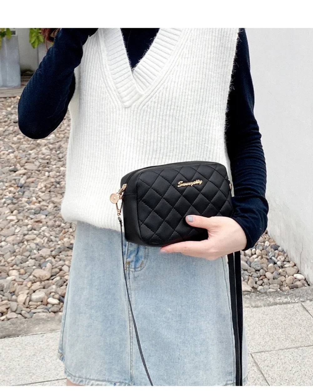Tassel Diamond Grid Embroidery Crossbody Bag with Chain Strap