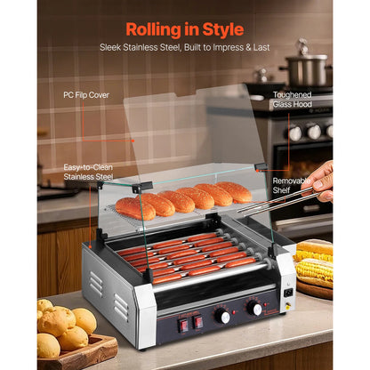 SucceBuy Hot Dog Roller Grill – 5, 7 or 11 Rollers, Stainless Steel, Dual Temp Control, Commercial Sausage Cooker
