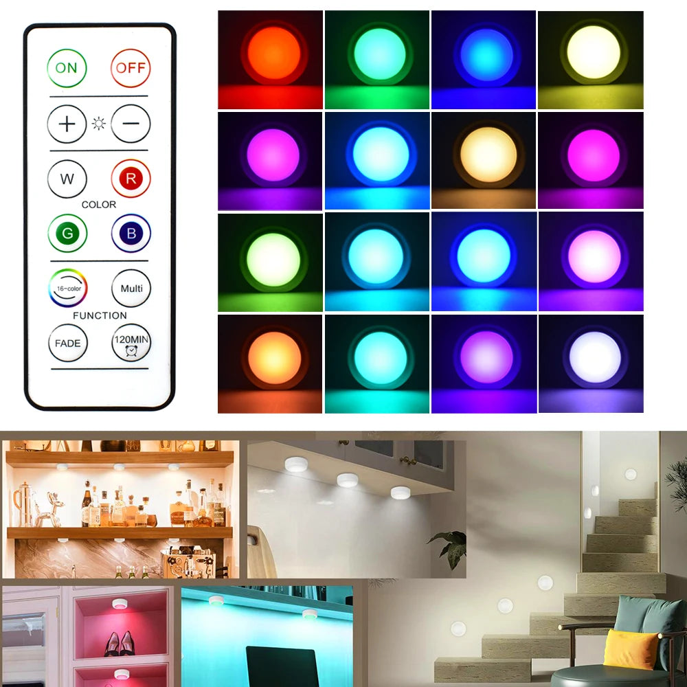 RGB LED Under Cabinet Light – 16 Colors, USB Rechargeable, Remote Control