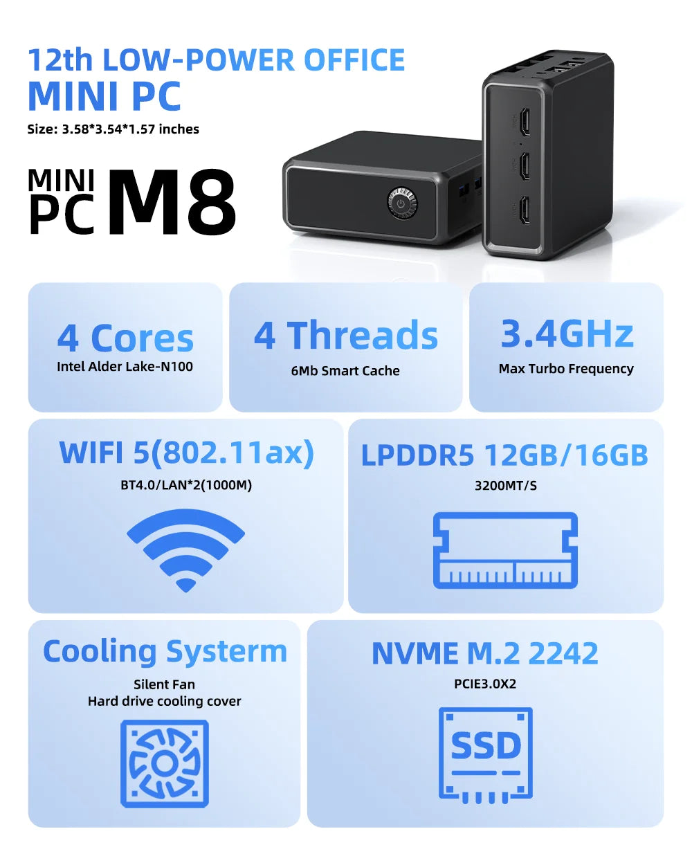 TexHoo M8 Mini PC – Intel N100, 16GB DDR5, 128GB/256GB/512GB SSD, Windows 11