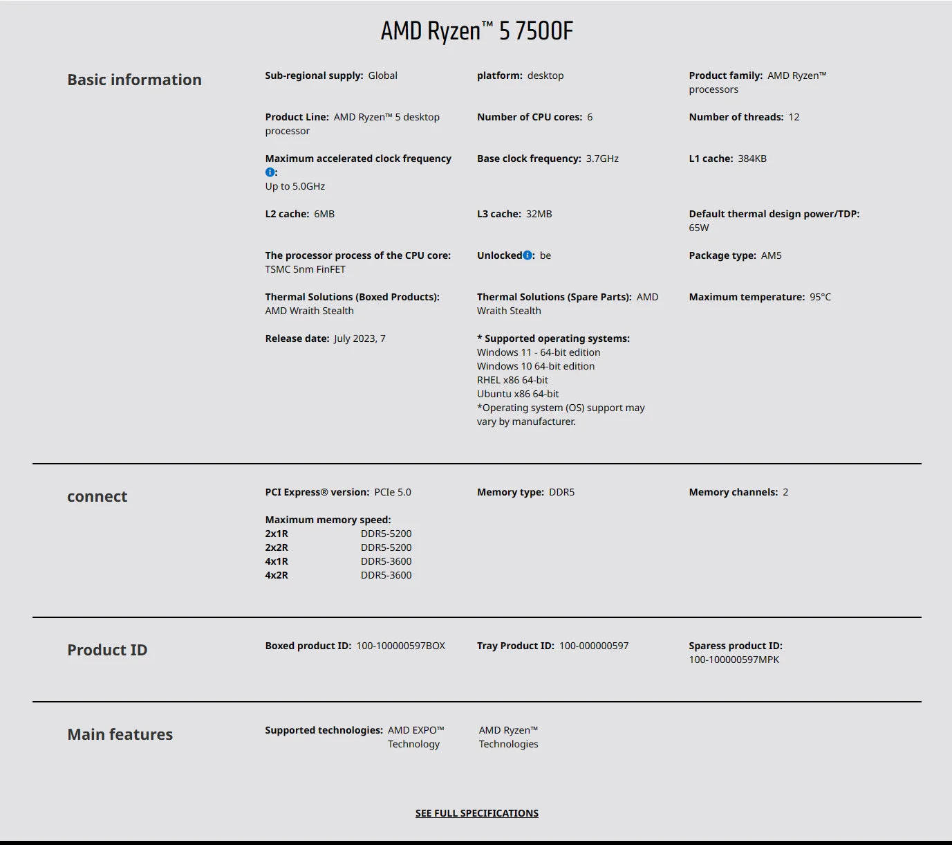 AMD Ryzen 5 7500F Gaming Processor – 6-Core, 5GHz, AM5, PCIe 5.0, DDR5