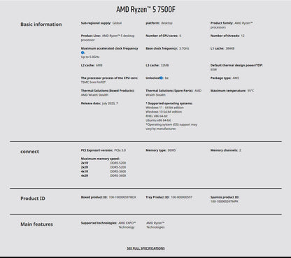 AMD Ryzen 5 7500F Gaming Processor – 6-Core, 5GHz, AM5, PCIe 5.0, DDR5