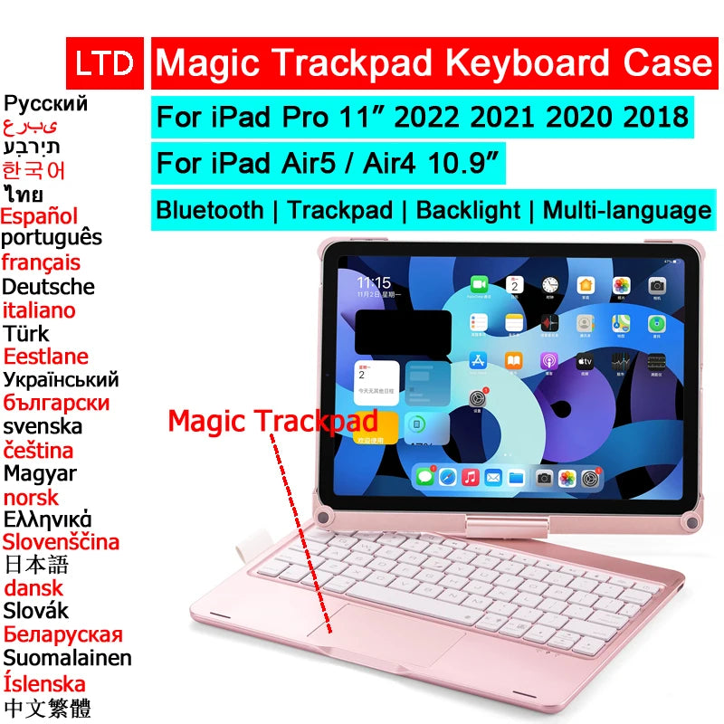 Bluetooth Magic Keyboard Case for iPad Pro 11 / Air – Backlit, Multi-Language, Trackpad